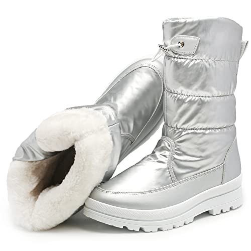 lot 8241 image: HYPOCRUTE Womens Warm Snow Boots with Fur Lined Black and White Wide Winter Boots Water-resistant Mid Calf Boots for Hiking,Working,Outdoors(Silver US8)