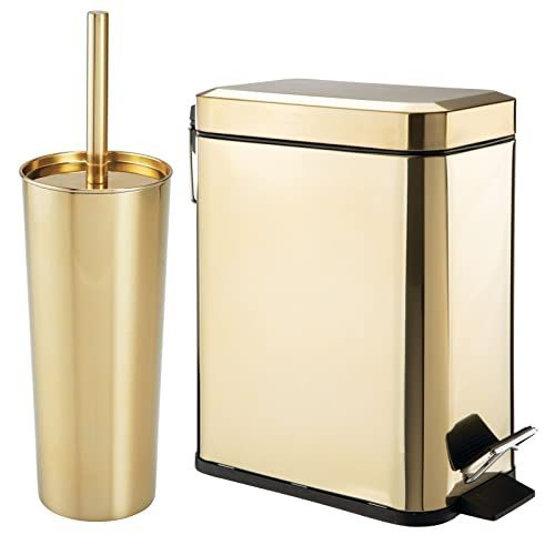 lot 1330 image: mDesign Metal Freestanding Slim Toilet Bowl Brush and Holder  Rectangle Narrow 5 Liter  1.3 Gallon Step Pedal Trash Can Wastebasket for Bathroom - Small, Compact Design - Set of 2 - Soft Brass