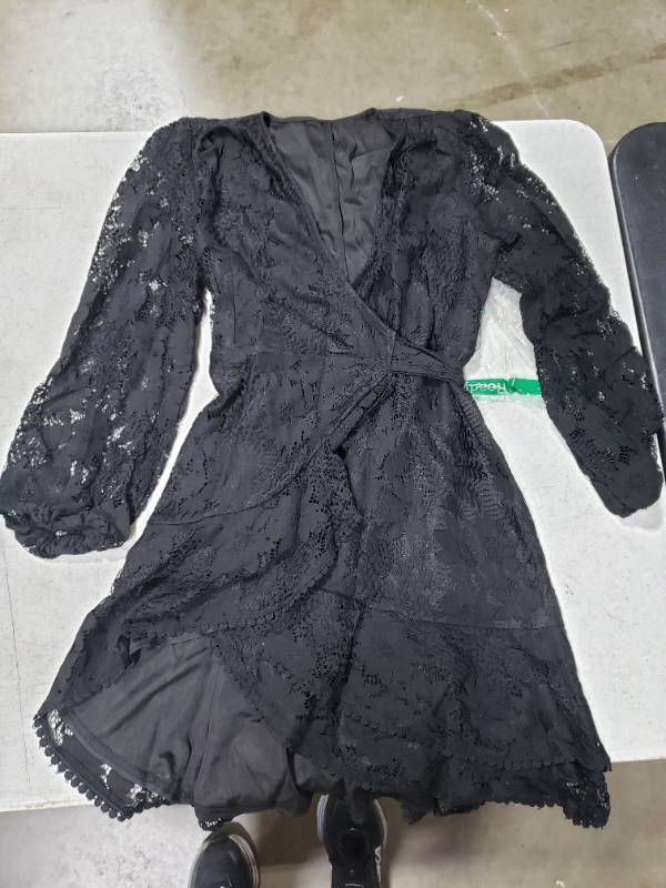 lot 2410 image: Womens Floral Lace Bell Sleeve Wrap Tie Black Dress, XS
