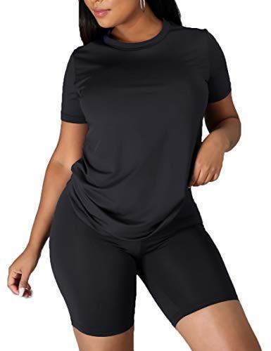 lot 3308 image: Kaximil Womens 2 Piece Club Outfits Casual Top T Shirt Biker Legging Shorts Set, Large, Black