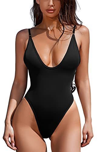 lot 6078 image: ESONLAR Womens Sexy Plunging V Neck Bathing Suit Open Back One Piece Swimsuits Black XL