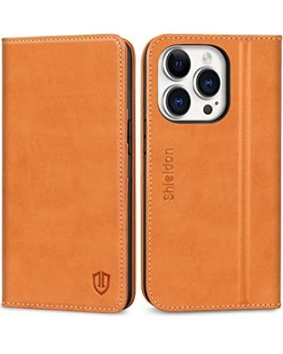 lot 6963 image: SHIELDON Case for iPhone 14 Pro 5G, Genuine Leather iPhone 14 Pro Wallet Case Magnetic RFID Blocking Credit Card Holder Kickstand Shockproof Case Compatible with iPhone 14 Pro (6.1 2022) - Brown