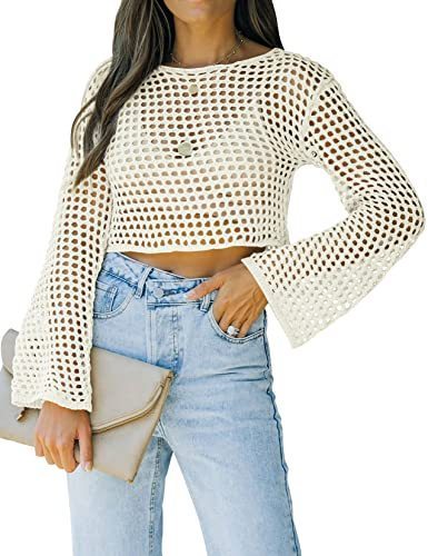 lot 8091 image: Womens Fishnet Crochet Crop Top Sexy Long Sleeve See Through Hollow Out Mesh Bikini Cover Ups White Medium