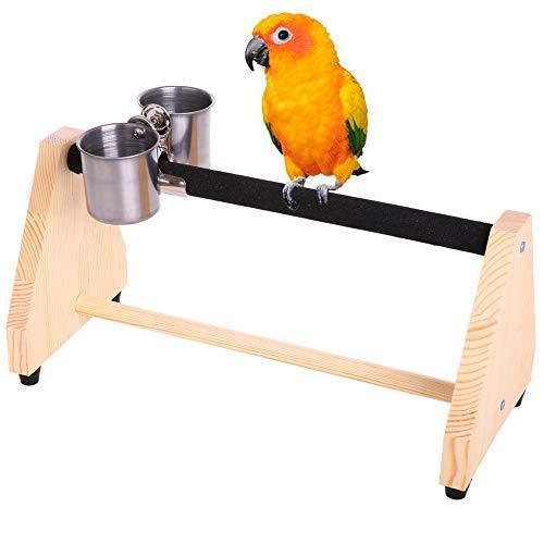 lot 9841 image: QBLEEV Parrot Play Wood Stand Bird Grinding Perch Table Platform Birdcage Feeder Stands with Feeder Dish Cup Portable Table Playstand for Small Cockatiels, Conures, Parakeets, Finch