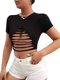 lot 5293 image: SweatyRocks Womens Short Sleeve Distressed Cutout TShirt (Black) Size 2XL