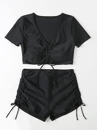 lot 6289 image: Womens Ruched 2 Piece Crop Sleeve Top and Shorts Bottom Swim Suit (Black) Size L
