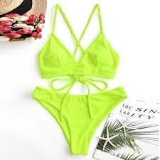 lot 6431 image: Zaful Womens High Cut Braided Neon Yellow Two Piece Bikini Swimsuit 4