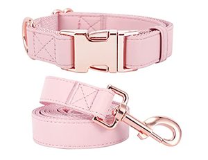 lot 9015 image: Dog Collar and Leash Set.Soft and Easy to Clean Vegan Leather with Rose Gold Metal Buckle for Small Medium Large Dogs (Pink, M(13.8-19.7))