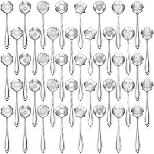 lot 9020 image: 40 Pcs Flower Dessert Spoons Stainless Steel Sugar Spoon Stirring Coffee Spoons Small Tea Spoons Cafe Bar Spoon Cute Coffee Teaspoon Mini Tableware for Demitasse Espresso, 8 Styles (Silver)
