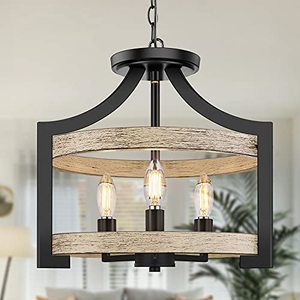 lot 9025 image: 3-Light Rustic Farmhouse Pendant Hanging Light Adjustable Height Max 68in, Convertible Vintage Semi Flush Mount Ceiling Light Fixture Black Metal Chandelier White Birch Wood Finish Kitchen Dining Room