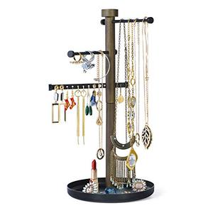 lot 9036 image: SRIWATANA Jewelry Holder Stand, 3 Tier Jewelry Tree Organizer Wood for Earring Bracelet Necklace Hanging with Movable Metal Bar