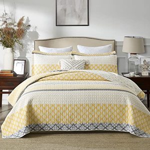 lot 9046 image: KALOOLA 100% Cotton King Quilt, Reversible Floral King Quilt Set, Yellow Grey Striped King Quilt Bedding Set, Farmhouse Lightweight King Bedspread for All Seasons, 3 Pieces