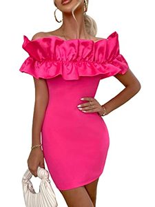 lot 9055 image: WDIRARA Womens Off Shoulder Strapless Ruffle Trim Sleeveless Bodycon Mini Party Dress Hot Pink M
