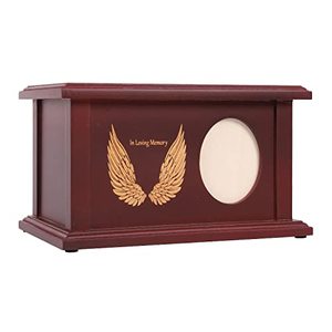 lot 9062 image: Wooden Urns for Human Ashes - Wood Cremation Urns Adult for Funeral, Burial or Home - Urns for Ashes Men Women - Decorative Urn for Ashes Male Female (Angle Wings, with Frame)