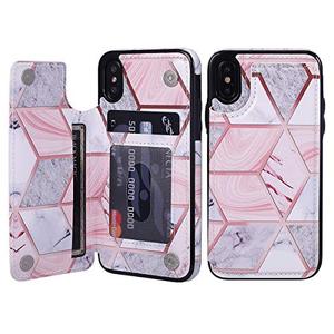 lot 9067 image: UEEBAI Case for iPhone XR, Premium PU Leather Case Geometric Marble Pattern Back Wallet Cover Two Magnetic Clasp Card Slots Stand Function Durable Shockproof Soft TPU Case - Grey & Pink