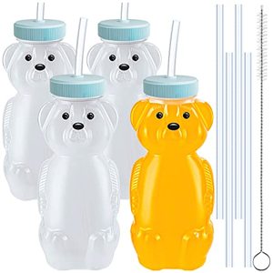 lot 9068 image: 4 PCS Honey Bear Straw Cup, Baby Straw Cups with 8 Flexible Straws and 1 Straw Brushes, 8oz Special Supplies Juice Bear Bottle for Infant Feeding, Drinking Needs of Those with Poor Oral Health (Blue)