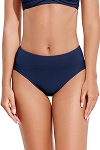 lot 9079 image: Beautikini Womens High Waisted Bikini Bottoms Retro Basic High Cut Tankini Swimsuit Briefs Mid Waist Bathing Suit Bottoms Navy Blue, S