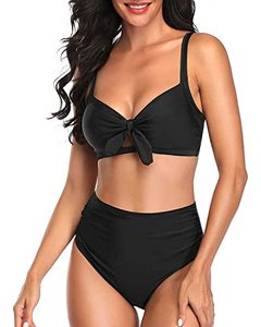 lot 9093 image: Tempt Me Women Black Two Piece Swimsuits High Waisted Bikini Set Tummy Control Ruched Tie Knot Bathing Suits with Bottom XS