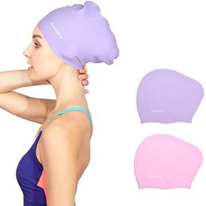 lot 9960 image: Keary 2 Pack Silicone Swim Cap for Long Hair Women Girls Waterproof Pool Swimming Cap Cover Ears to Keep Your Hair Dry, 3D Ergonomic Stretchable Durable and Anti-Slip, Easy to Put On and Off