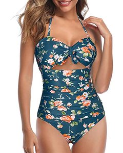 lot 9963 image: Tempt Me Women Blue Green Floral Sexy Cutout One Piece Swimsuits Tummy Control High Waisted Halter Front Tie Knot Bathing Suit M