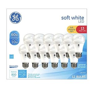 lot 9973 image: GE Soft White 60 Watt Replacement LED Light Bulbs, General Purpose, Dimmable Light Bulbs (Soft White, 12 Pack) (12)