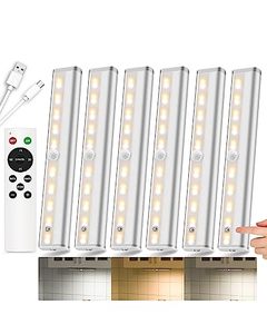 lot 9979 image: SZOKLED Under Cabinet Lights Wireless, 20LED Under Cabinet Lighting Rechargeable, Remote LED Closet Lights Bar, Under Counter Lights for Kitchen Shelf Pantry Shelf Hallway Stairs, 3 Colors 6 Pack