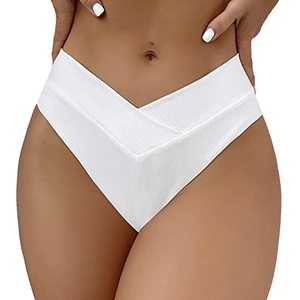 lot 9980 image: Leoparts Womens V Cut High Waisted Bikini Bottom Ribbed High Cut Cheeky Swimsuit Bathing Suit Bottoms, M