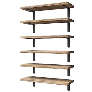 lot 9984 image: WOPITUES Floating Shelves Set of 6, Wood Floating Shelves for Wall Decor, Rustic Farmhouse Floating Shelves for Bedroom, Bathroom Shelves for Wall Storage, Book Shelves for Living Room-Rustic Brown