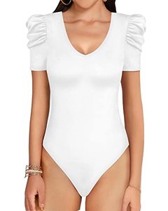 lot 9989 image: MANGOPOP Womens Bodysuit Deep V Neck Puff Short Sleeve Slim Fit Body Suits Casual Blouse Tops Elegant (XXL, Short Sleeve White)