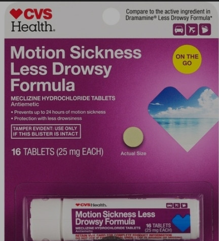 lot 77063 image: CVS Motion Sickness Less Drowsy Meclizine Hydrochloride 25mg Tablets, 16 CT