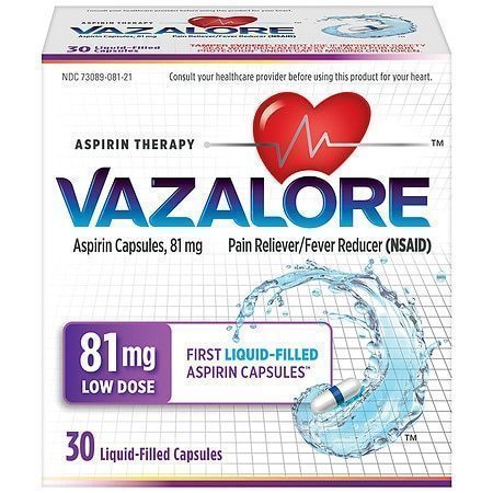 lot 77071 image: Vazalore Aspirin 81 mg Adult Aspirin Liquid-Filled Capsules Low Dose Aspirin Therapy 30 ct