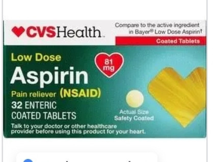lot 520157 image: CVS Health Low Dose Aspirin Pain Reliever 81mg 32 Coated Tabs Per Box