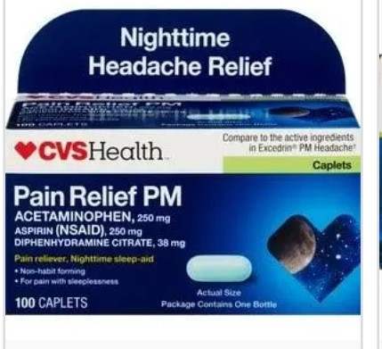 lot 520182 image: CVS Pain Relief PM 100 Caplets Compare 2 Excedrin PM