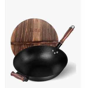 lot 35457 image: WANGYUANJI Cast Iron Wok, Craft Wok Chinese Wok,Flat Bottom Iron Woks with Lid,Fry Pan Suitable for Induction, Electric, Gas, Halogen All Stoves-Black