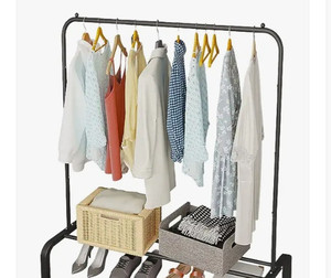 lot 35460 image: JIUYOTREE Metal Clothing Rack, 43.3 Inches Garment Rack with Bottom Shelf for Hanging Clothes, Coats, Skirts, Shirts, Sweaters, Black