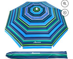 lot 35466 image: MOVTOTOP 6.5ft Beach Umbrella Striped Sun Shelter UV Protection Breathable Windproof Beach Umbrella for Beach Travel (Blue-cyan)
