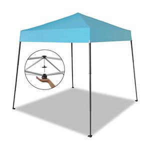 lot 35479 image: Crown Shades 8 x 8 Base 6.5 x 6.5 Top Telescoping Slant Leg Outdoor Instant Pop-Up Portable Waterproof Shade Folding Canopy with Carry Bag, Blue