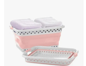 lot 35494 image: Pop & Load Collapse & Store 1 Large 25 Slim Collapsible Plastic Laundry Basket, Space Saving Portable Pop Up Storage & Organization Basket, 3 High When Folded, Dual Comfort Grip Handles, Blush Pink