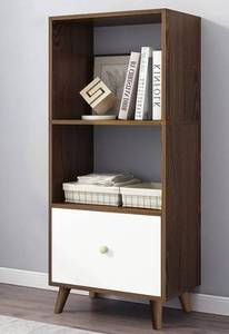 lot 35504 image: IOTXY 3-Tier Open Shelves Bookcase - 47 Height Modern Free Standing Wooden Cube Bookshelf with Storage Drawer and Legs, Walnut