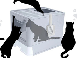 lot 35521 image: ROCCS Foldable Cat Litter Box with Lid,No Smell Large Top Entry Litter Cat Box with Litter Scoop,Covered Drawer Type Kitty Potty,Including Brush & Cleaning Glove,Grey 20 x 16 x 15