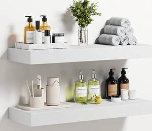 lot 35547 image: AMADA HOMEFURNISHING Floating Shelves, 23.6 Inch Solid Pine Wall Shelves with Enhanced One-Piece Bracket for Living Room, Bathroom, Bedroom, Kitchen, Office Stroage & Organization, Set of 2, AMFS23W