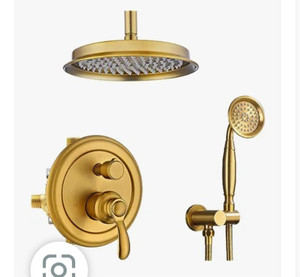 lot 35550 image: Homekicen Antique Shower Faucet-Sets Complete Ceiling Mount Rain Shower System, 9 inch Rainfall Head and Handheld Spray, 2 Way Diverter Brass Rough in Valve with Trim Kit, Brushed Gold