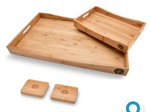 lot 35558 image: SJ Kitchen & Dining Wooden Serving Tray Set of 2 - Extra Large Tray with Handles 26 x 15 - Ottoman Coffee Table Decor & Durable Bed Tray for Serving Dishes, Premium Bamboo with 2 Coasters Small Tray Damage See Pictures
