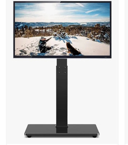 lot 35572 image: Universal Floor TV Stand Base with Swivel Height Adjustable Mount for 32 37 43 47 50 55 60 65 70 Inch Plasma LCD LED OLED Flat or Curved Screen TVs, Black Tempered Glass Base for Media Storage