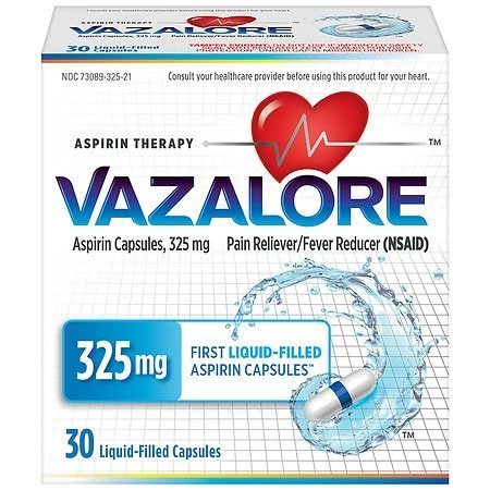 lot 520006 image: Vazalore Aspirin 325mg Adult Aspirin Fast Pain Relief & Fever Reducer Liquid-Filled Capsules 30ct
