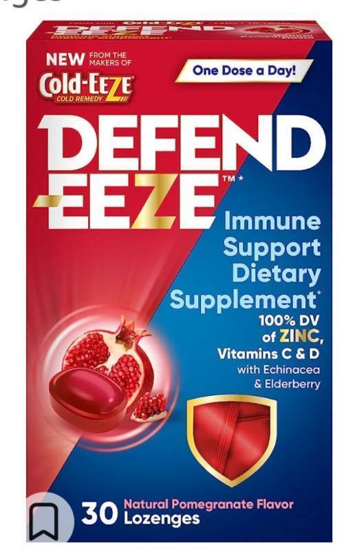 lot 520125 image: Defend-EEZE Immune Support Dietary Supplement Lozenges, 100% Daily Value of Zinc, Vitamins C & D per Dose, with Echinacea Pomegranate Flavor, 30 Lozenges