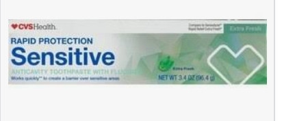 lot 500506 image: CVS Rapid Protection Sensitive TOOTHPASTE 3.4OZ EXP. 022023