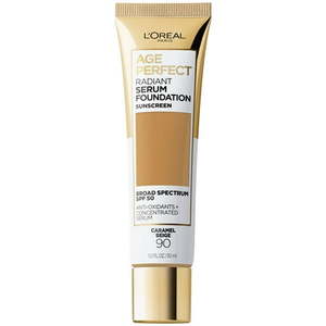 lot 69522 image: L Oreal Paris Age Perfect Radiant Serum Foundation Makeup 90 Caramel Beige 1 fl oz