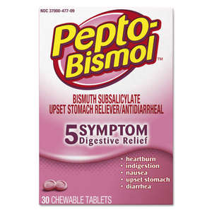 lot 69370 image: Pepto Bismol Chewable Tablets for Upset Stomach & Diarrhea Relief Over-the-Counter Medicine 30 Ct