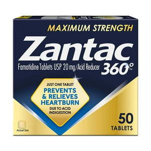 lot 69379 image: Zantac 360 Maximum Strength Tablets 50 Count Heartburn Prevention and Relief 20 mg Tablets